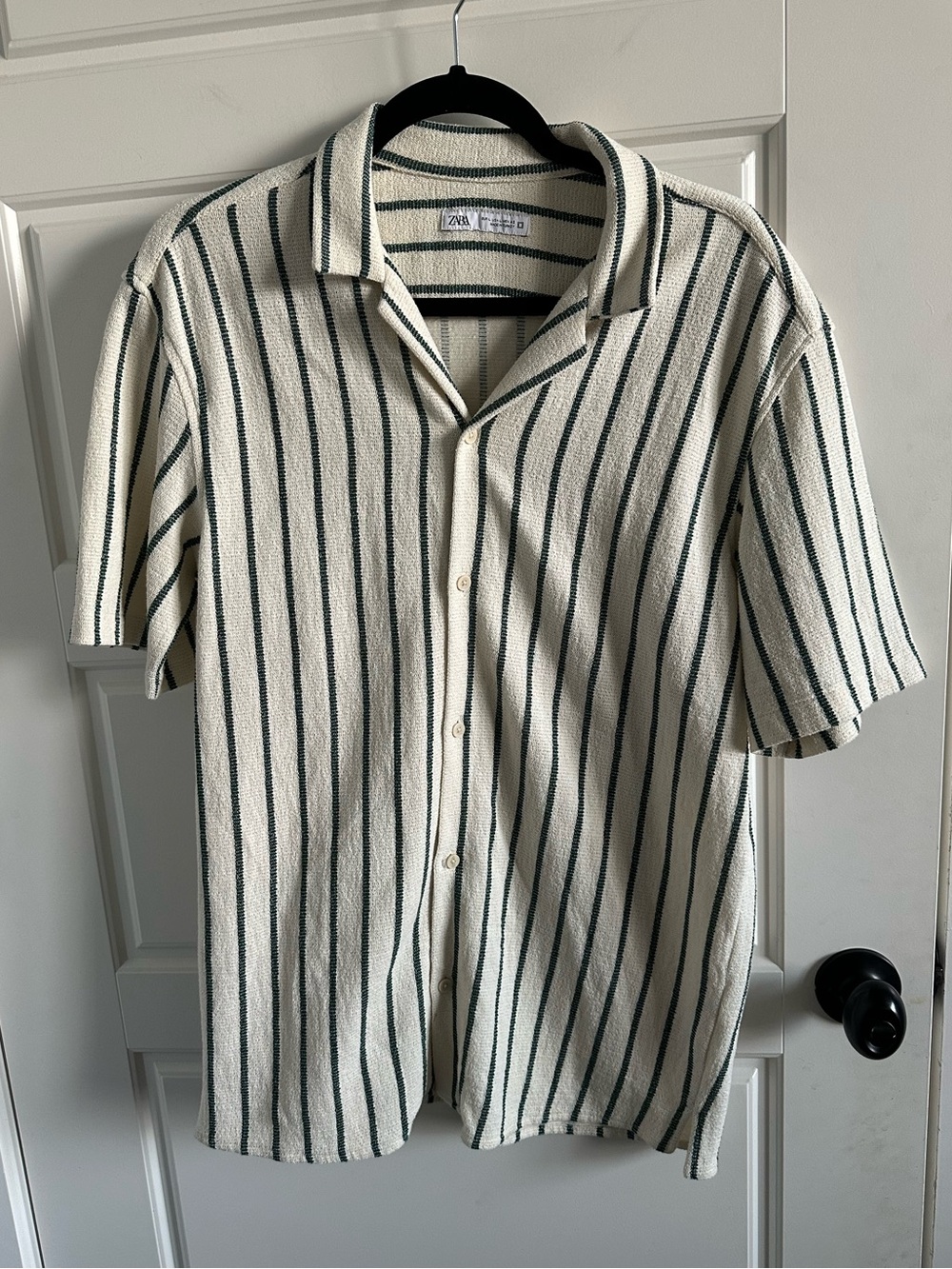 Zara Large Ecru Green Stripe Textured Weave Bowling Collar Shirt Men’s Resort